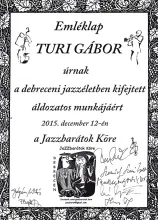 A Debreceni Jazzbarátok Köre emléklapja, 2015
